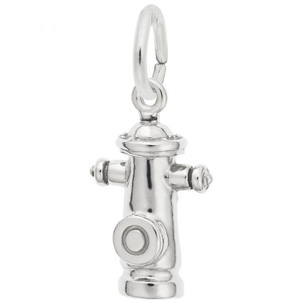 The Rembrandt Charms Fire Hydrant Charm - Sterling Silver is a small, shiny sterling silver charm shaped like a fire hydrant, featuring a loop at the top for easy attachment to a bracelet or necklace—an ideal gift for dog lovers.