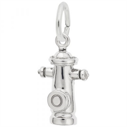 The Rembrandt Charms Fire Hydrant Charm - Sterling Silver is a small, shiny sterling silver charm shaped like a fire hydrant, featuring a loop at the top for easy attachment to a bracelet or necklace—an ideal gift for dog lovers.