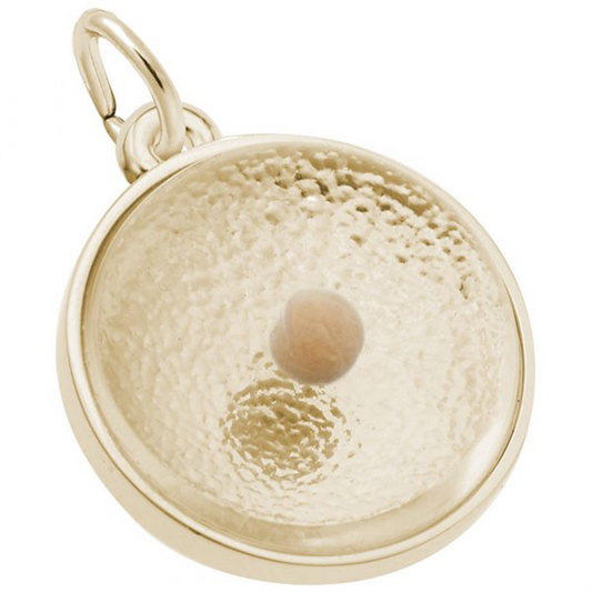 The Rembrandt Charms Mustard Seed 10K Yellow Gold Charm features a round, textured design with a small spherical bead at its center. This pendant, which evokes the delicate beauty of a mustard seed, has a smooth and polished outer rim. It includes a simple loop for easy attachment to chains or bracelets, making it an elegant addition to any jewelry collection.