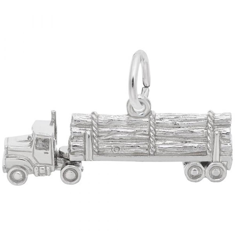 The Rembrandt Charms Log / Timber Truck Charm in sterling silver intricately depicts a log truck with a fully loaded trailer of timber, featuring a detailed truck cab and a convenient small loop on the roof for hanging.