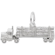 The Rembrandt Charms Log / Timber Truck Charm in sterling silver intricately depicts a log truck with a fully loaded trailer of timber, featuring a detailed truck cab and a convenient small loop on the roof for hanging.