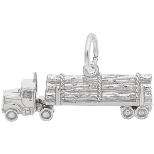 The Rembrandt Charms Log / Timber Truck Charm in sterling silver intricately depicts a log truck with a fully loaded trailer of timber, featuring a detailed truck cab and a convenient small loop on the roof for hanging.
