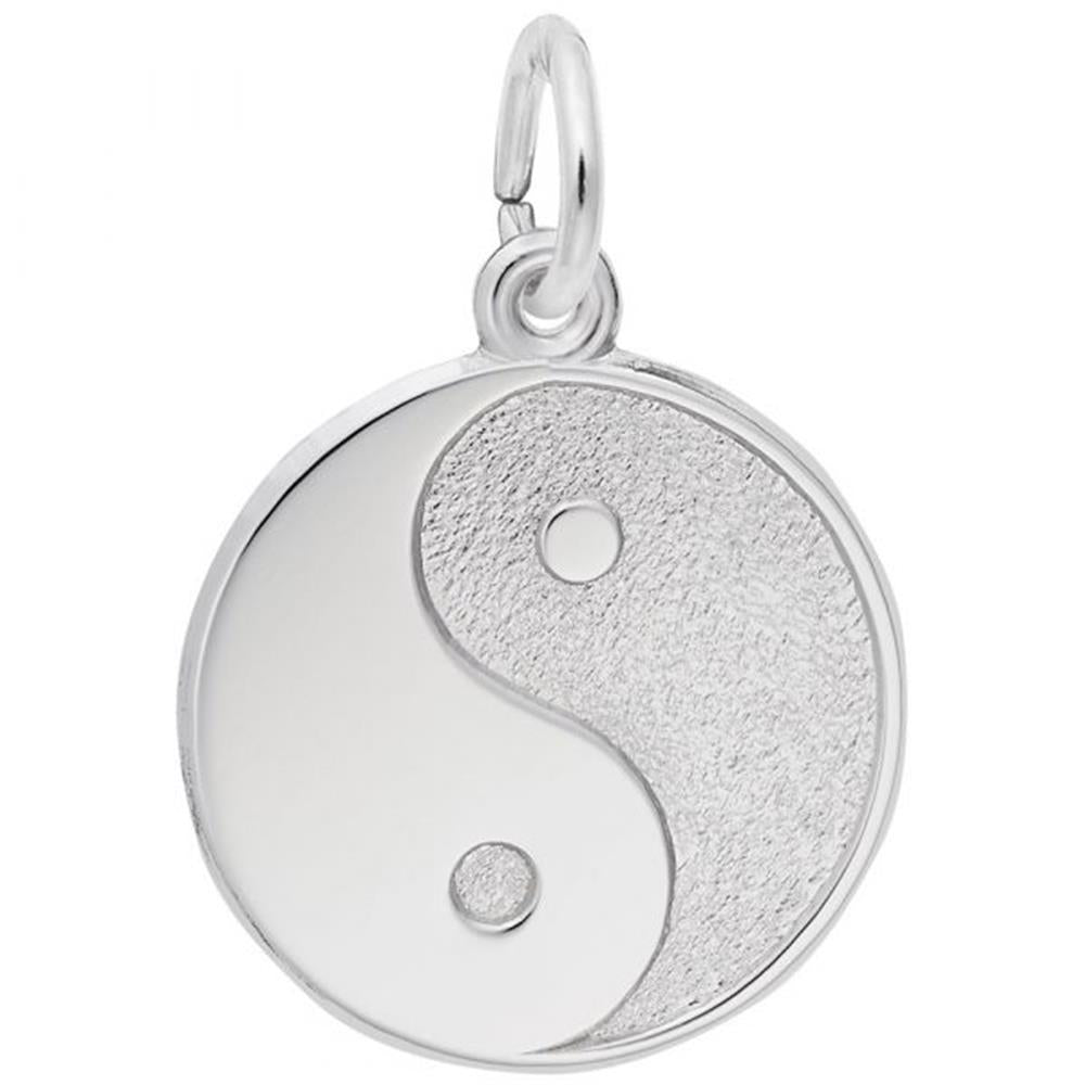 Rembrandt Charms' Yin Yang Charm in sterling silver showcases the iconic yin-yang design, with one half polished and the other textured, separated by a graceful curve. Each segment contains a small circle of the opposite color. The charm is finished with a convenient loop at the top for easy necklace attachment.