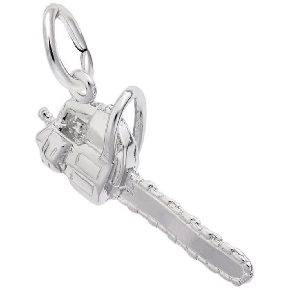 A close-up image of the Rembrandt Charms Chainsaw Charm in sterling silver. This small charm, shaped like a chainsaw, showcases intricate detailing such as the handle and chain blade. It is attached to a circular loop, ideal for use on a bracelet or necklace. The charm boasts a shiny, polished finish.