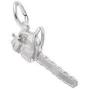 A close-up image of the Rembrandt Charms Chainsaw Charm in sterling silver. This small charm, shaped like a chainsaw, showcases intricate detailing such as the handle and chain blade. It is attached to a circular loop, ideal for use on a bracelet or necklace. The charm boasts a shiny, polished finish.