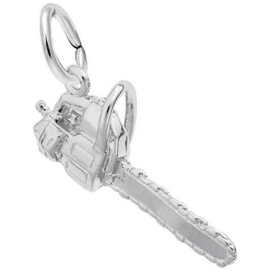 A close-up image of the Rembrandt Charms Chainsaw Charm in sterling silver. This small charm, shaped like a chainsaw, showcases intricate detailing such as the handle and chain blade. It is attached to a circular loop, ideal for use on a bracelet or necklace. The charm boasts a shiny, polished finish.