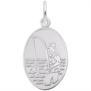 Image showing the Fisherman Oval Disc Charm from Rembrandt Charms. The sterling silver charm features a detailed fisherman on an oval disc, capturing the serene experience of fishing. The dimensions are 0.52 inches by 0.73 inches (13.24 mm x 18.51 mm). This charm adds a touch of outdoor adventure and intricate design to any collection. Style number 6584.