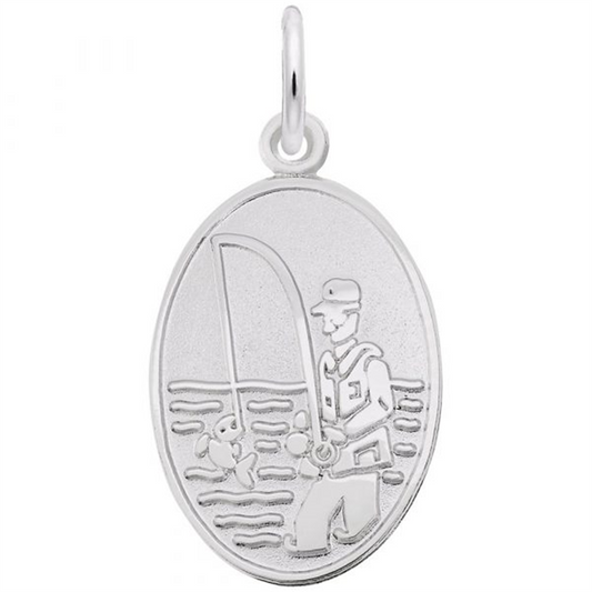 Image showing the Fisherman Oval Disc Charm from Rembrandt Charms. The sterling silver charm features a detailed fisherman on an oval disc, capturing the serene experience of fishing. The dimensions are 0.52 inches by 0.73 inches (13.24 mm x 18.51 mm). This charm adds a touch of outdoor adventure and intricate design to any collection. Style number 6584.