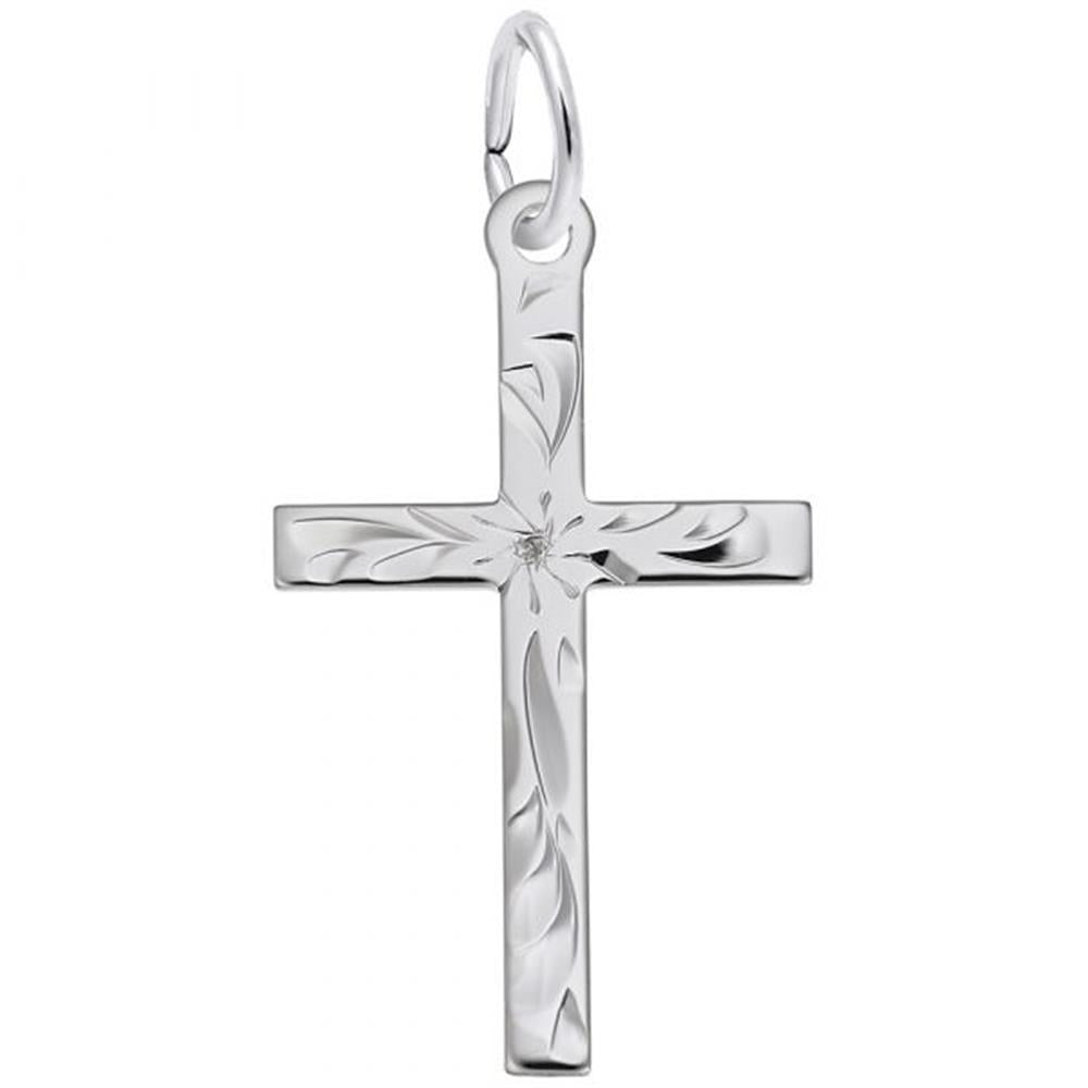The Medium Flared Cross Charm in Sterling Silver by Rembrandt Charms features engraved floral patterns and includes a loop for attaching to a chain, set against a plain white background.