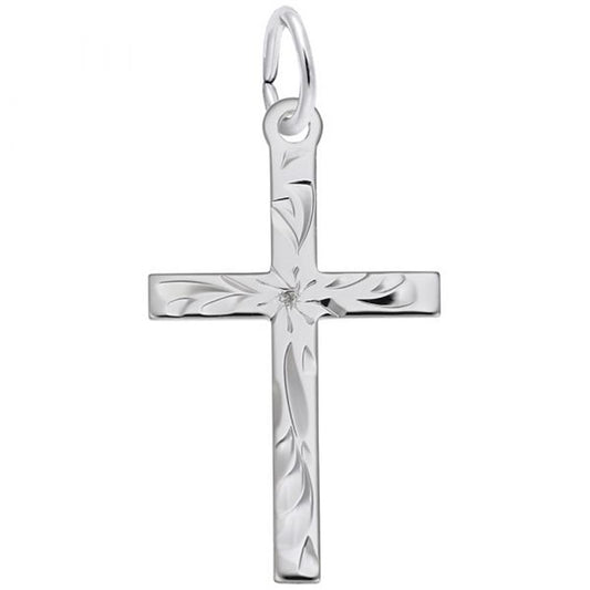 The Medium Flared Cross Charm in Sterling Silver by Rembrandt Charms features engraved floral patterns and includes a loop for attaching to a chain, set against a plain white background.