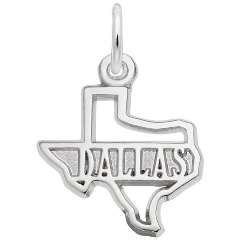 A charming silver piece in the shape of Texas with "DALLAS" elegantly cut out in the center, crafted by Rembrandt Charms. The Dallas Texas Charm / Sterling Silver pendant features a small loop at the top for easy attachment to a chain or keyring.