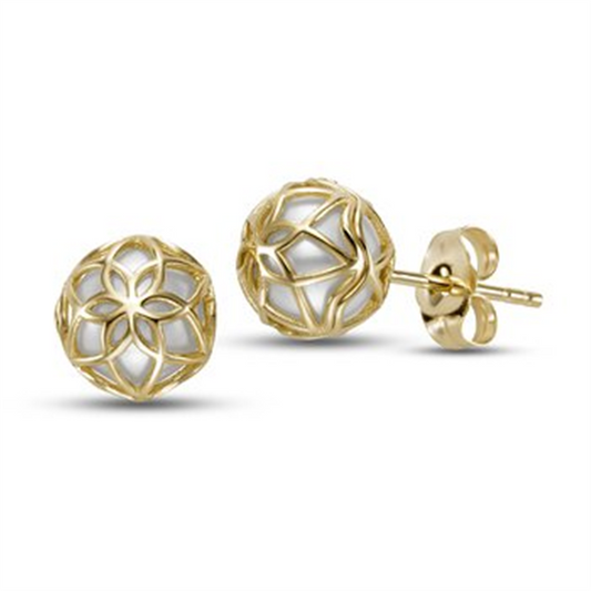 Mastoloni Pearls 7-7.5mm caged earrings in 14k gold feature intricate openwork floral designs over white spherical centers, shown against a white background.