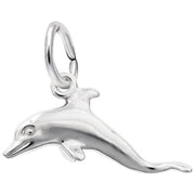 The Dolphin Charm / Sterling Silver by Rembrandt Charms, shaped like a dolphin in mid-leap, boasts intricate details on its body and fins. It includes a ring for easy attachment to bracelets or necklaces.