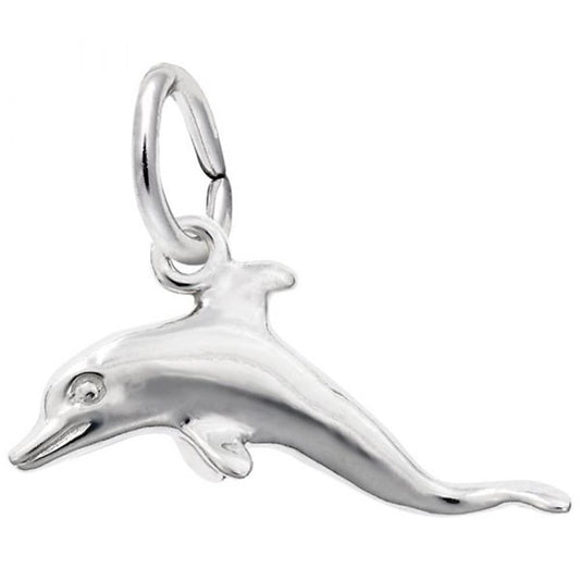 The Dolphin Charm / Sterling Silver by Rembrandt Charms, shaped like a dolphin in mid-leap, boasts intricate details on its body and fins. It includes a ring for easy attachment to bracelets or necklaces.