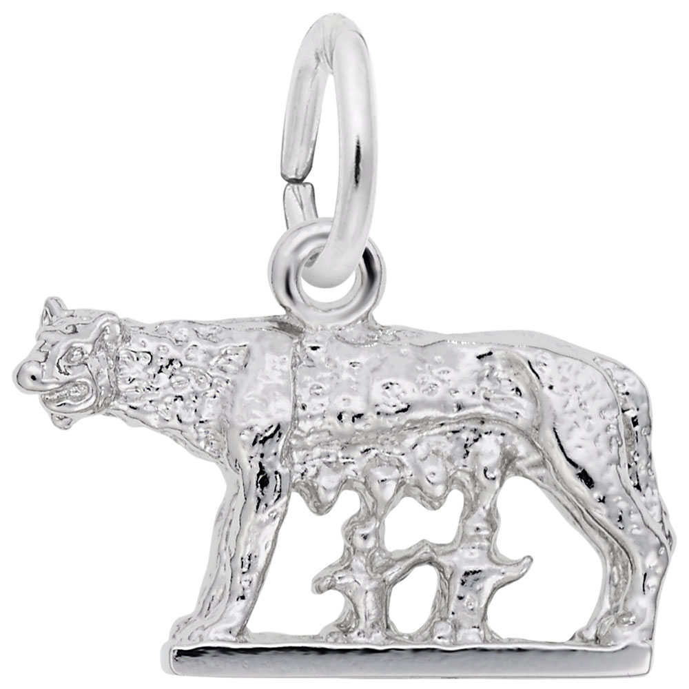 The Romulus and Remus Charm- Sterling Silver by Rembrandt Charms features a she-wolf standing with two small human figures beneath her, elegantly capturing the famous legend from Roman mythology. This distinctive piece of Roman mythology jewelry makes an ideal gift for any history enthusiast.