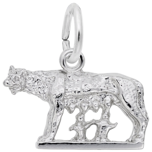 The Rembrandt Charms "Romulus and Remus" sterling silver charm showcases the Capitoline Wolf nursing Romulus and Remus, with a polished finish and top loop for easy bracelet or necklace attachment.
