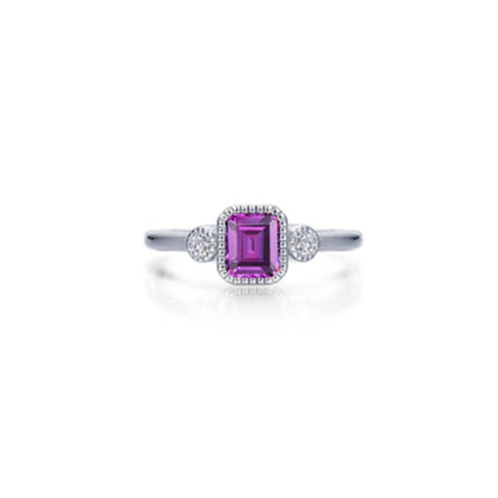 The SIMULATED ALEXANDRITE; JUNE B-STONE RING 07 by Lafonn showcases a stunning silver ring with a square-cut simulated alexandrite at its core, encircled by small clear diamonds. The thin, shiny band includes one small clear diamond on each side of the central gemstone. This elegant piece makes an ideal June birthstone ring against a plain white background.