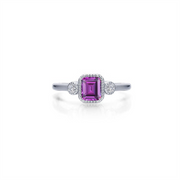 The SIMULATED ALEXANDRITE; JUNE B-STONE RING 07 by Lafonn showcases a stunning silver ring with a square-cut simulated alexandrite at its core, encircled by small clear diamonds. The thin, shiny band includes one small clear diamond on each side of the central gemstone. This elegant piece makes an ideal June birthstone ring against a plain white background.