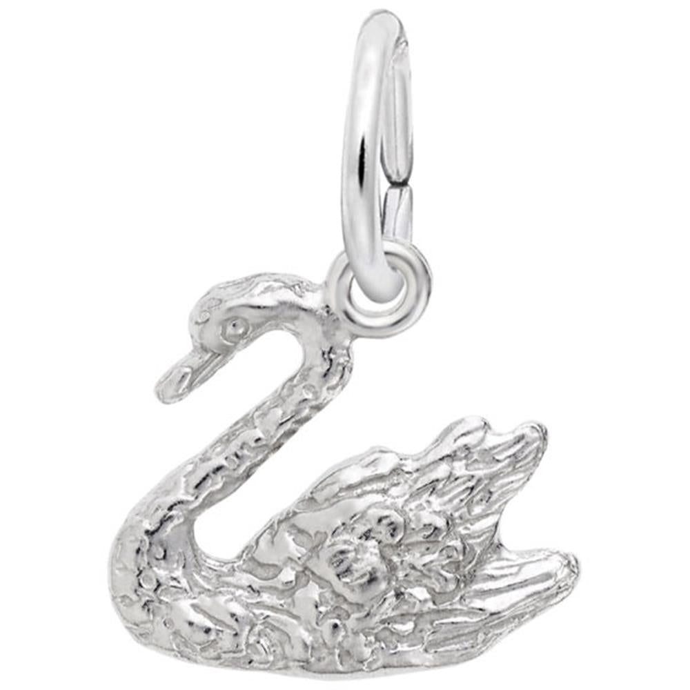 The Rembrandt Charms Swan Charm, crafted from sterling silver, features a left-facing swan with detailed, textured wings and a gracefully curved neck. A small hoop at the top allows easy attachment to a bracelet or necklace, capturing the elegance of this majestic bird.