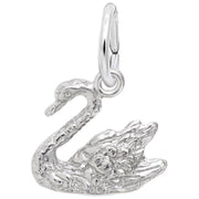 The Rembrandt Charms Swan Charm, crafted from sterling silver, features a left-facing swan with detailed, textured wings and a gracefully curved neck. A small hoop at the top allows easy attachment to a bracelet or necklace, capturing the elegance of this majestic bird.