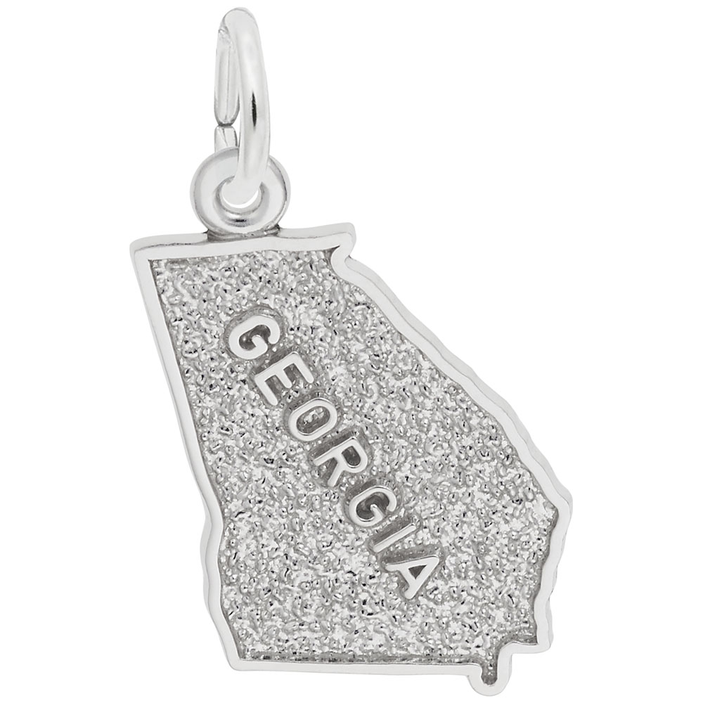 A Rembrandt Charms Georgia State Charm in sterling silver is displayed, exuding timeless beauty. The word "GEORGIA" is engraved in capital letters across the center of its textured design. This charm features a loop at the top for attaching to a necklace or bracelet.