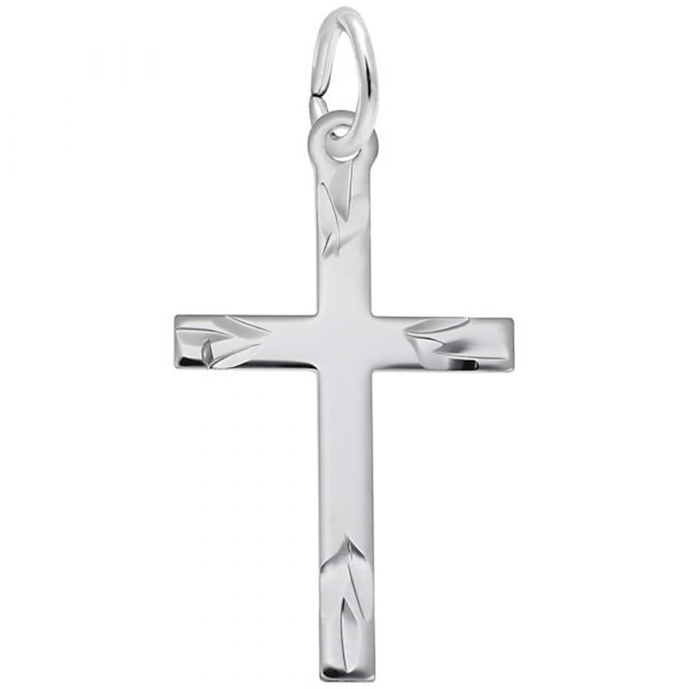 The Medium Flared Ends Cross Charm in Sterling Silver by Rembrandt Charms showcases an engraved design on each arm, complete with medium flared ends and a loop at the top for easy attachment to a chain, reflecting an elegant style.