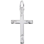 The Medium Flared Ends Cross Charm in Sterling Silver by Rembrandt Charms showcases an engraved design on each arm, complete with medium flared ends and a loop at the top for easy attachment to a chain, reflecting an elegant style.