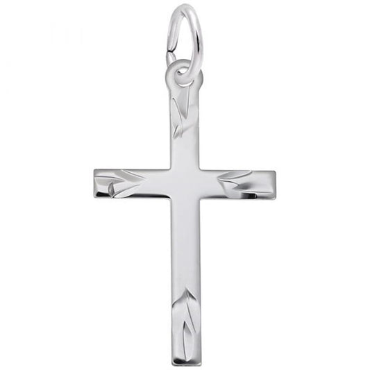 The Medium Flared Ends Cross Charm in Sterling Silver by Rembrandt Charms showcases an engraved design on each arm, complete with medium flared ends and a loop at the top for easy attachment to a chain, reflecting an elegant style.