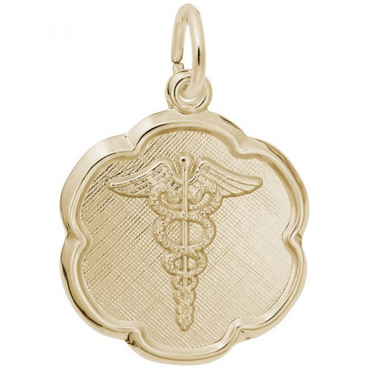 A gold plated sterling silver Caduceus Disc Charm from Rembrandt Charms, featuring a scalloped edge and an engraving of the caduceus symbol with two snakes winding around a winged staff in the center.