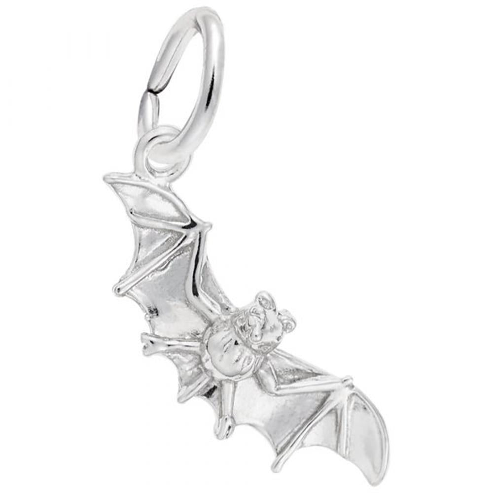 Image of a sterling silver Bat Charm, Style 2338, 0.71 in x 0.27 in (18.12 mm x 6.79 mm). The charm features a detailed depiction of a bat, attached to a loop for easy addition to any charm bracelet.
