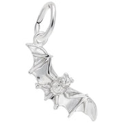 Image of a sterling silver Bat Charm, Style 2338, 0.71 in x 0.27 in (18.12 mm x 6.79 mm). The charm features a detailed depiction of a bat, attached to a loop for easy addition to any charm bracelet.