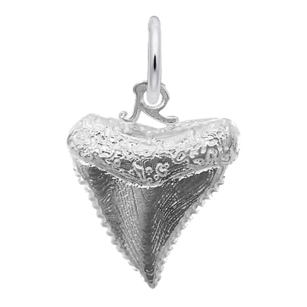 Introducing the Rembrandt Charms Shark Tooth Charm- Sterling Silver: a finely detailed shark tooth pendant crafted in sterling silver, featuring textured design and a small circular loop at the top—perfect for attaching to your favorite chain or bracelet as adventurous ocean jewelry.
