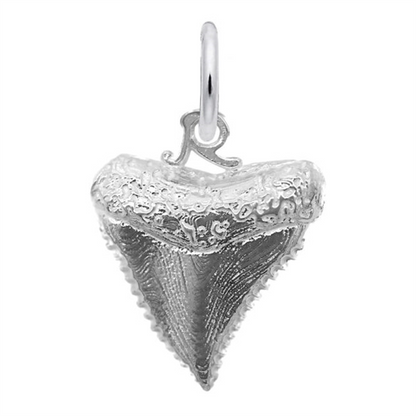 Introducing the Rembrandt Charms Shark Tooth Charm- Sterling Silver: a finely detailed shark tooth pendant crafted in sterling silver, featuring textured design and a small circular loop at the top—perfect for attaching to your favorite chain or bracelet as adventurous ocean jewelry.