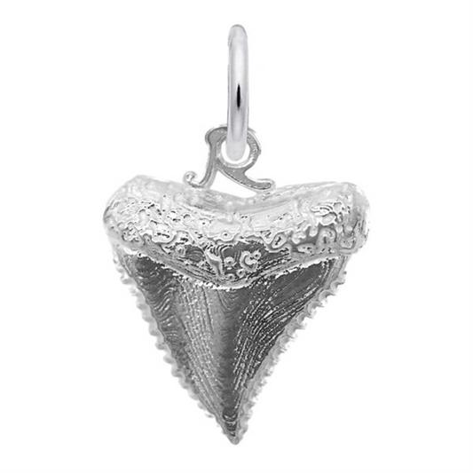 The Rembrandt Charms "shark tooth - sterling silver charm" is designed with a textured surface and includes a small loop for easy attachment to necklaces or charm bracelets.