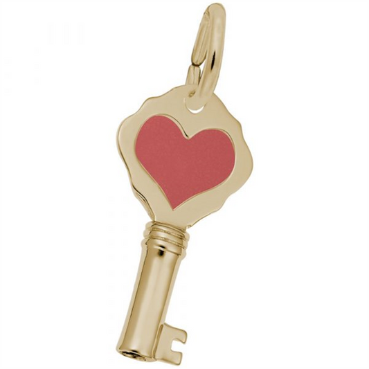 'Gold-plated sterling silver charm shaped like an antique key with a red heart. Style 8359, 0.42 in x 0.84 in (10.69 mm x 21.42 mm).'