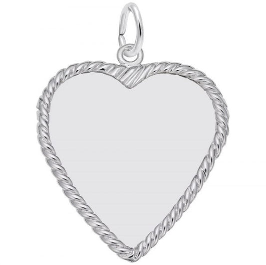 The Large Classic Rope Heart Charm in sterling silver by Rembrandt Charms features a smooth, reflective heart-shaped pendant with a twisted rope-like border and a small loop at the top for hanging.