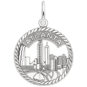 'Sterling silver charm featuring the Atlanta skyline with an open rope border and the text: ATLANTA. Style 3729, 0.75 in x 0.75 in (18.97 mm x 18.97 mm).'