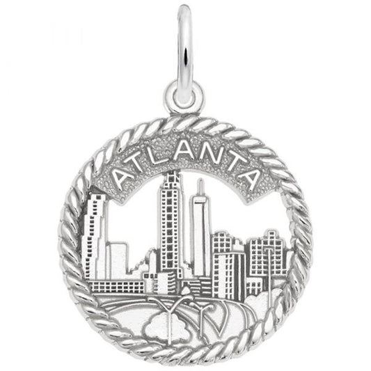 'Sterling silver charm featuring the Atlanta skyline with an open rope border and the text: ATLANTA. Style 3729, 0.75 in x 0.75 in (18.97 mm x 18.97 mm).'