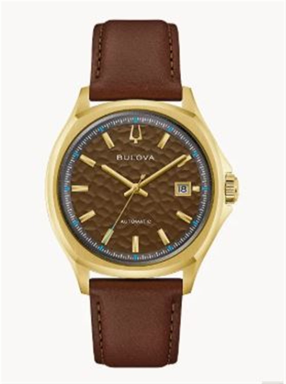 The Bulova Watch Company 97B244 NYC Tony Bennett men's watch features a gold-tone case, brown textured dial, gold hour markers, date at 3 o'clock, and a brown leather band—an elegant tribute to Tony Bennett.