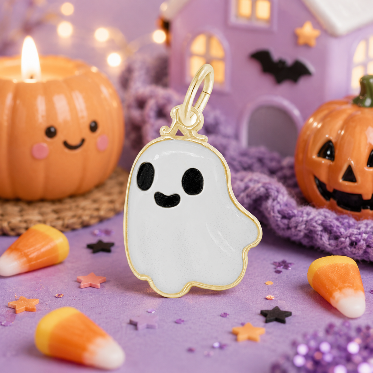 The Painted Cute Ghost Charm by Rembrandt Charms, crafted in sterling silver and finished with white enamel, is displayed on a purple surface surrounded by candy corn, star confetti, pumpkins, and a pastel haunted house backdrop for a charming Halloween jewelry scene.
