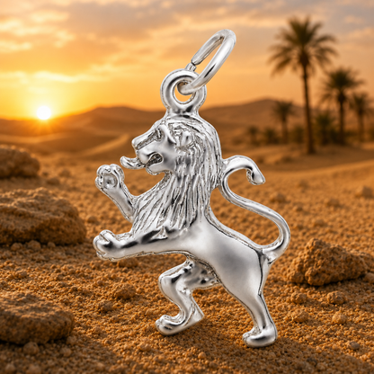 A Rembrandt Charms Ramped Lion Charm in sterling silver stands upright on sandy desert ground, with a dramatic sunset and palm trees in the background.