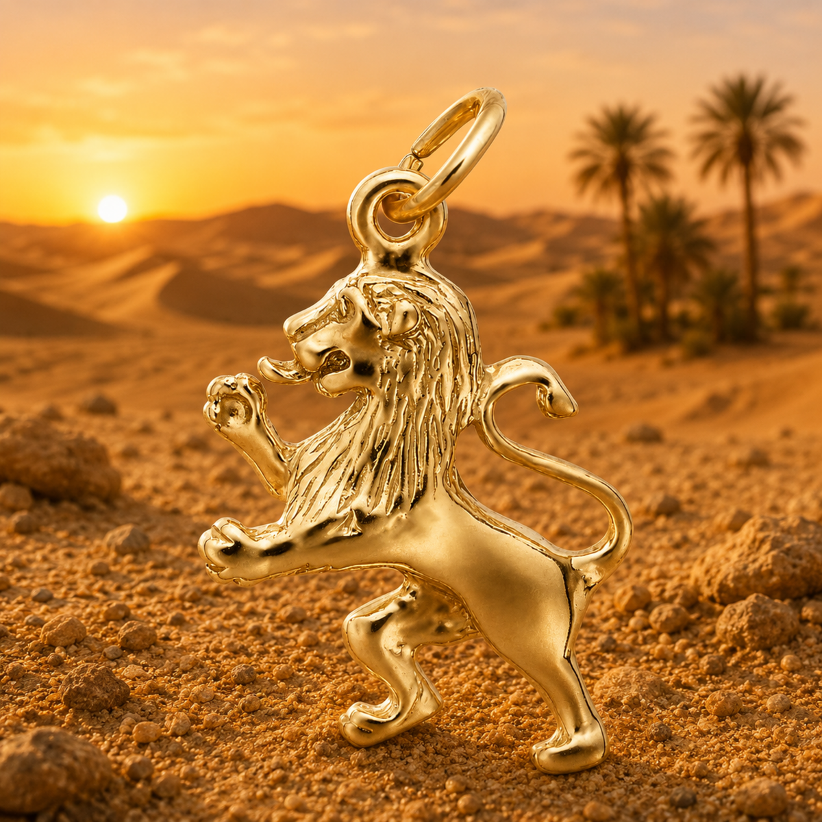 A sterling silver Ramped Lion Charm by Rembrandt Charms stands upright on sandy desert ground at sunset, with palm trees and distant dunes visible in the background—a striking symbol of courage inspired by heraldic lion jewelry.