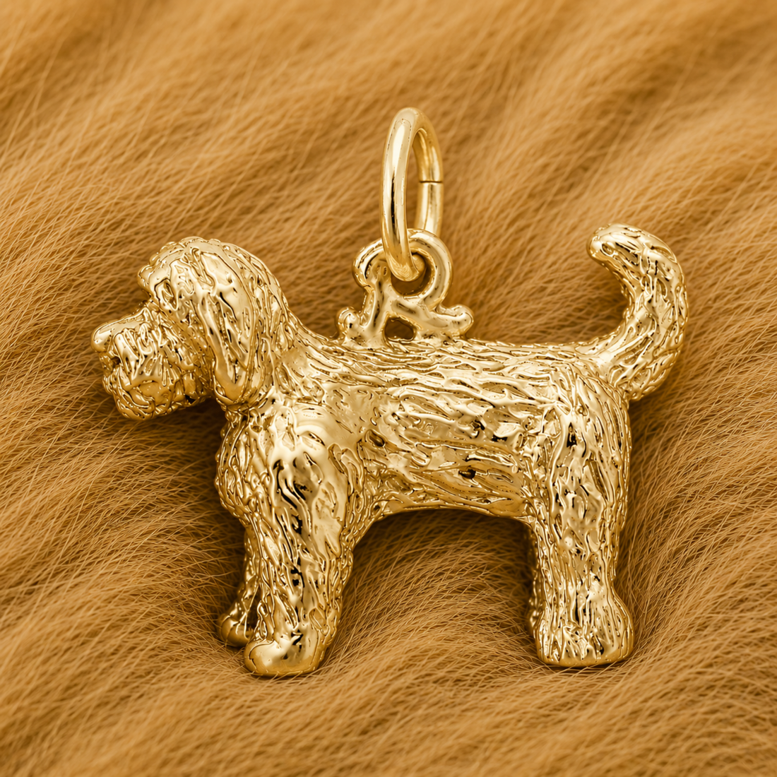 A Labradoodle - Sterling Silver Charm by Rembrandt Charms, featuring textured fur detail and shaped like a dog, rests on a soft, light brown furry surface—perfect for dog lovers or as a special Labradoodle charm.