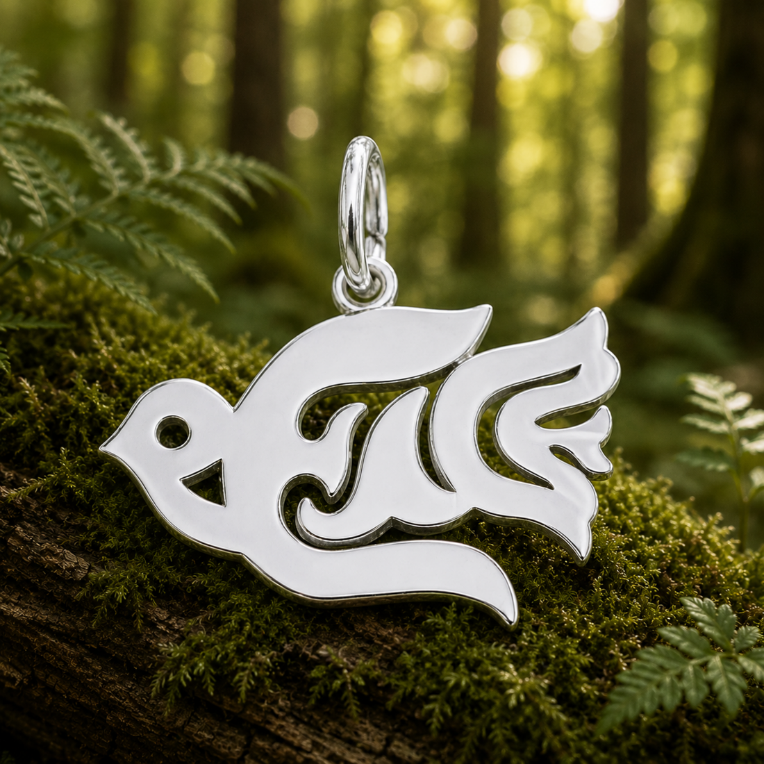 The Peace Dove Charm- Sterling Silver by Rembrandt Charms, shaped as a graceful stylized dove, rests on mossy wood in a sunlit forest—its elegant design symbolizing hope among the background ferns.