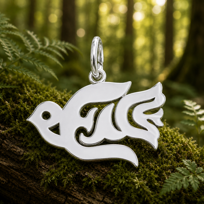 The Peace Dove Charm- Sterling Silver by Rembrandt Charms, shaped as a graceful stylized dove, rests on mossy wood in a sunlit forest—its elegant design symbolizing hope among the background ferns.