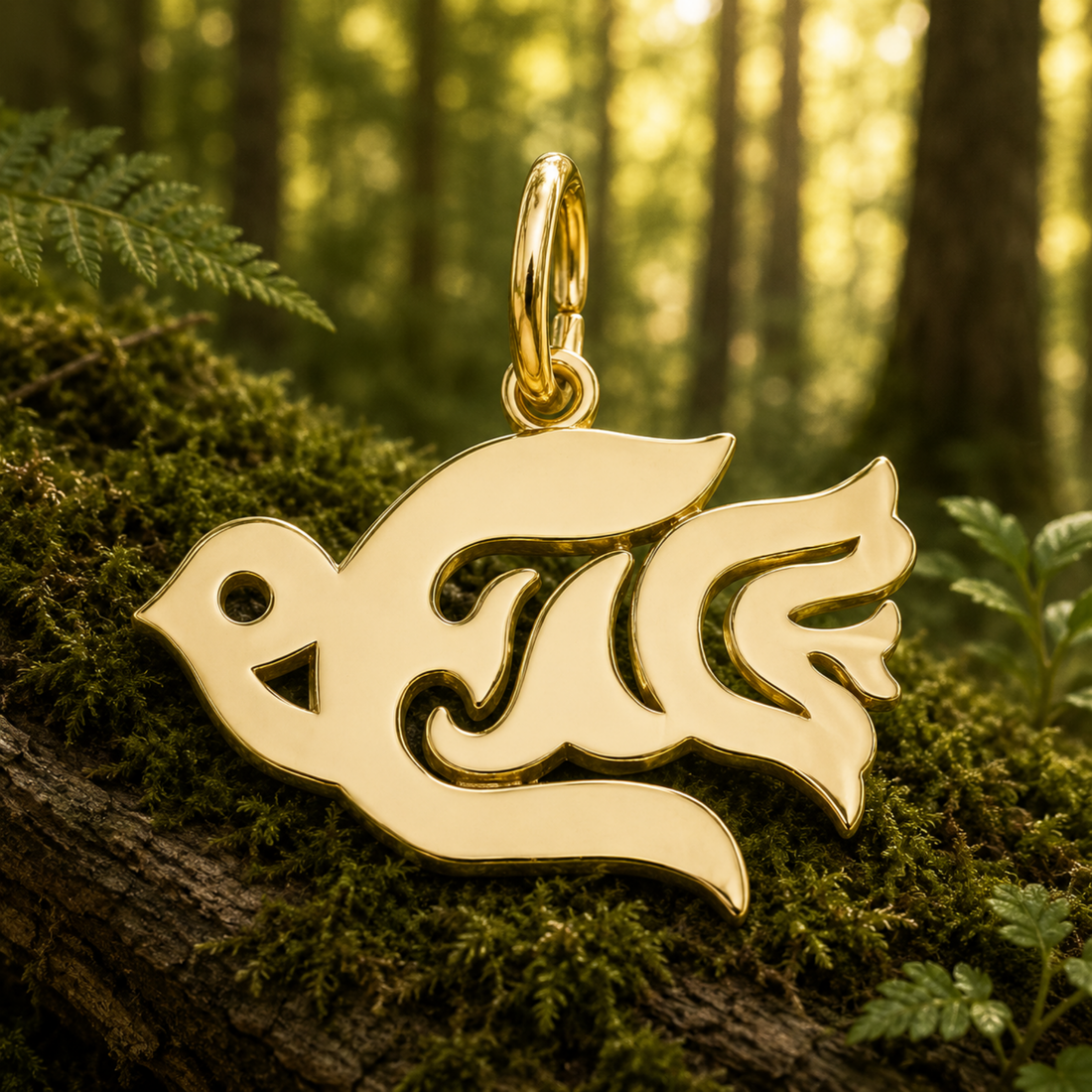 A graceful Peace Dove Charm by Rembrandt Charms, crafted in sterling silver and cherished as a symbol of hope, rests on mossy wood in a sunlit forest surrounded by green ferns and softly blurred tree trunks in the background.