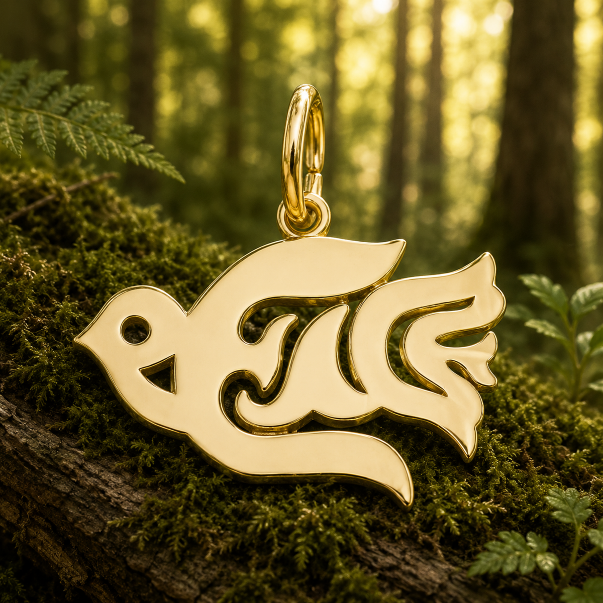 A graceful Peace Dove Charm by Rembrandt Charms, crafted in sterling silver and cherished as a symbol of hope, rests on mossy wood in a sunlit forest surrounded by green ferns and softly blurred tree trunks in the background.