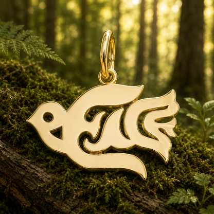 A graceful Peace Dove Charm by Rembrandt Charms, crafted in sterling silver and cherished as a symbol of hope, rests on mossy wood in a sunlit forest surrounded by green ferns and softly blurred tree trunks in the background.