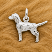 A Rembrandt Charms Dalmatian Dog Charm in sterling silver, featuring etched spots, rests on a soft, light brown, fur-like surface.