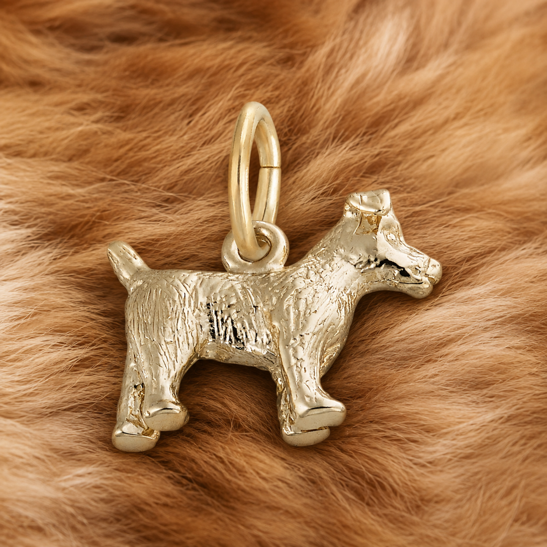 A sterling silver Jack Russell Terrier charm by Rembrandt Charms, featuring a loop at the top, rests on light brown, fluffy fur and captures the playful spirit of the beloved breed.